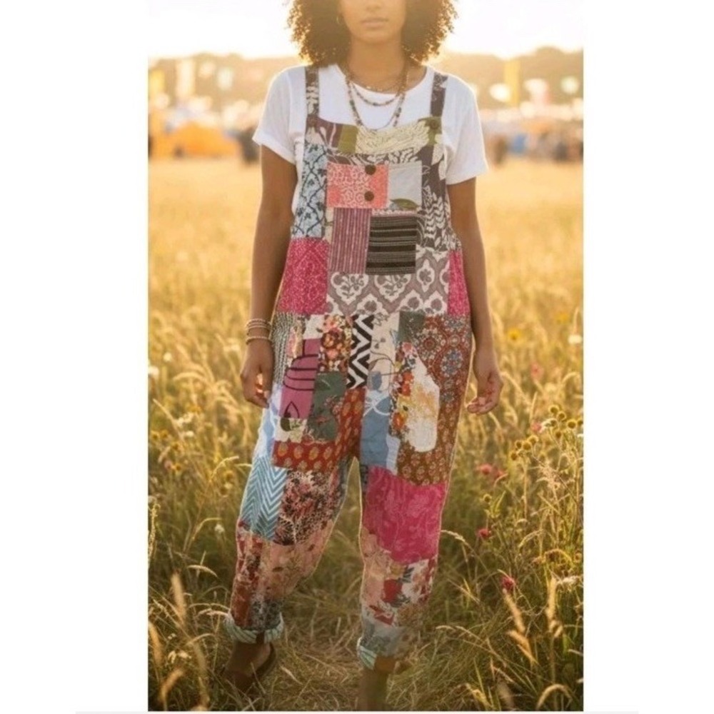 Ashley Taylor Patchwork Overalls Womens One Size Multi Color Recycled Cotton